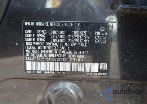 2017 Honda Hr-V Ex из США, поврежденный, VIN 3CZRU5H5XHG702160